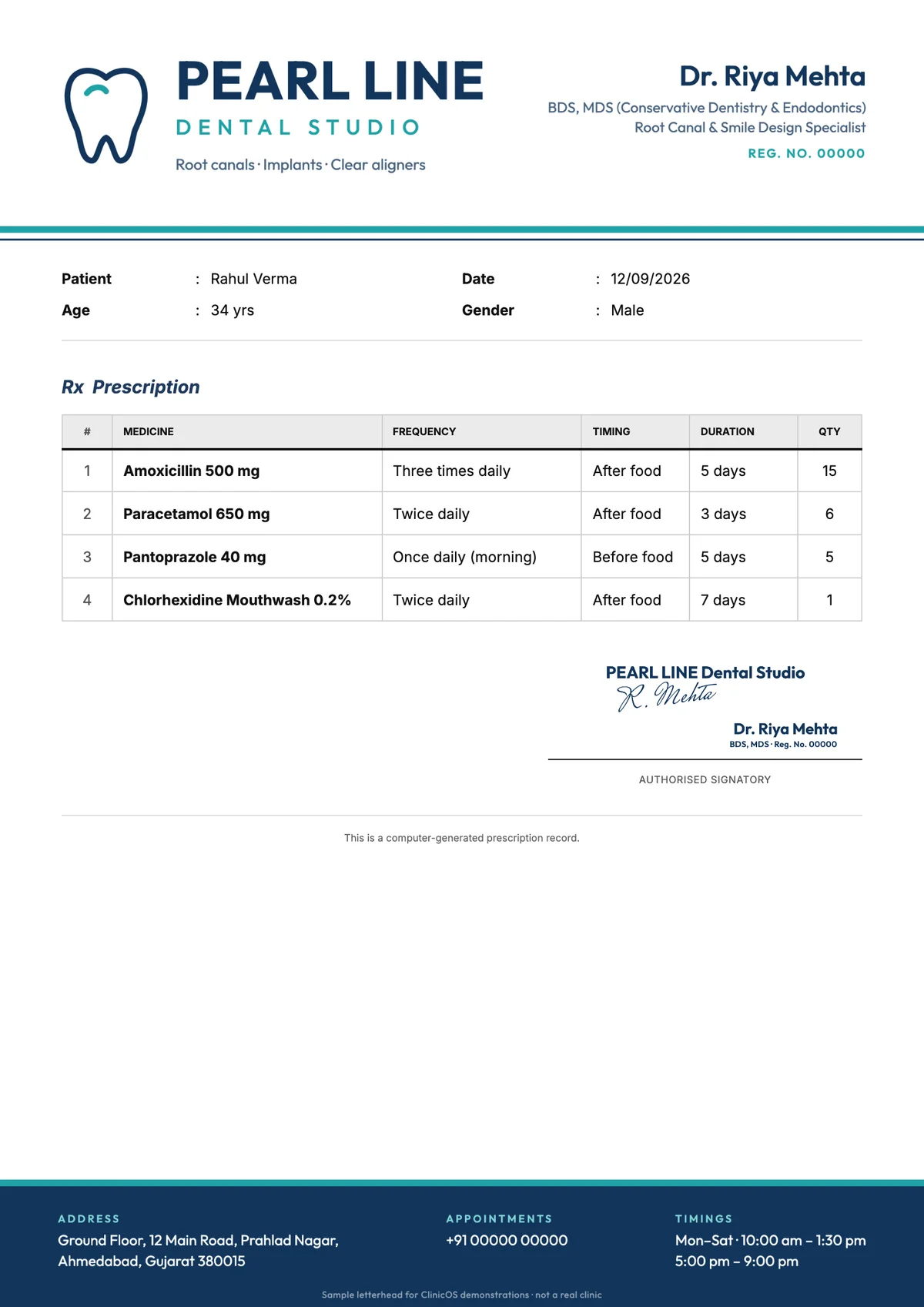 Sample prescription on the Pearl Line Dental Studio letterhead with the doctor's seal and signature
