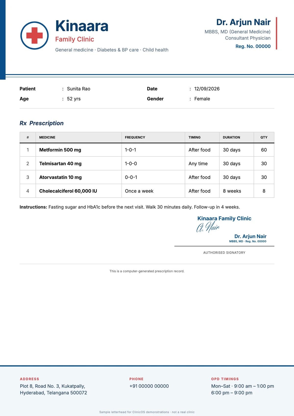 Sample prescription on the Kinaara Family Clinic letterhead with 1-0-1 dosage and instructions