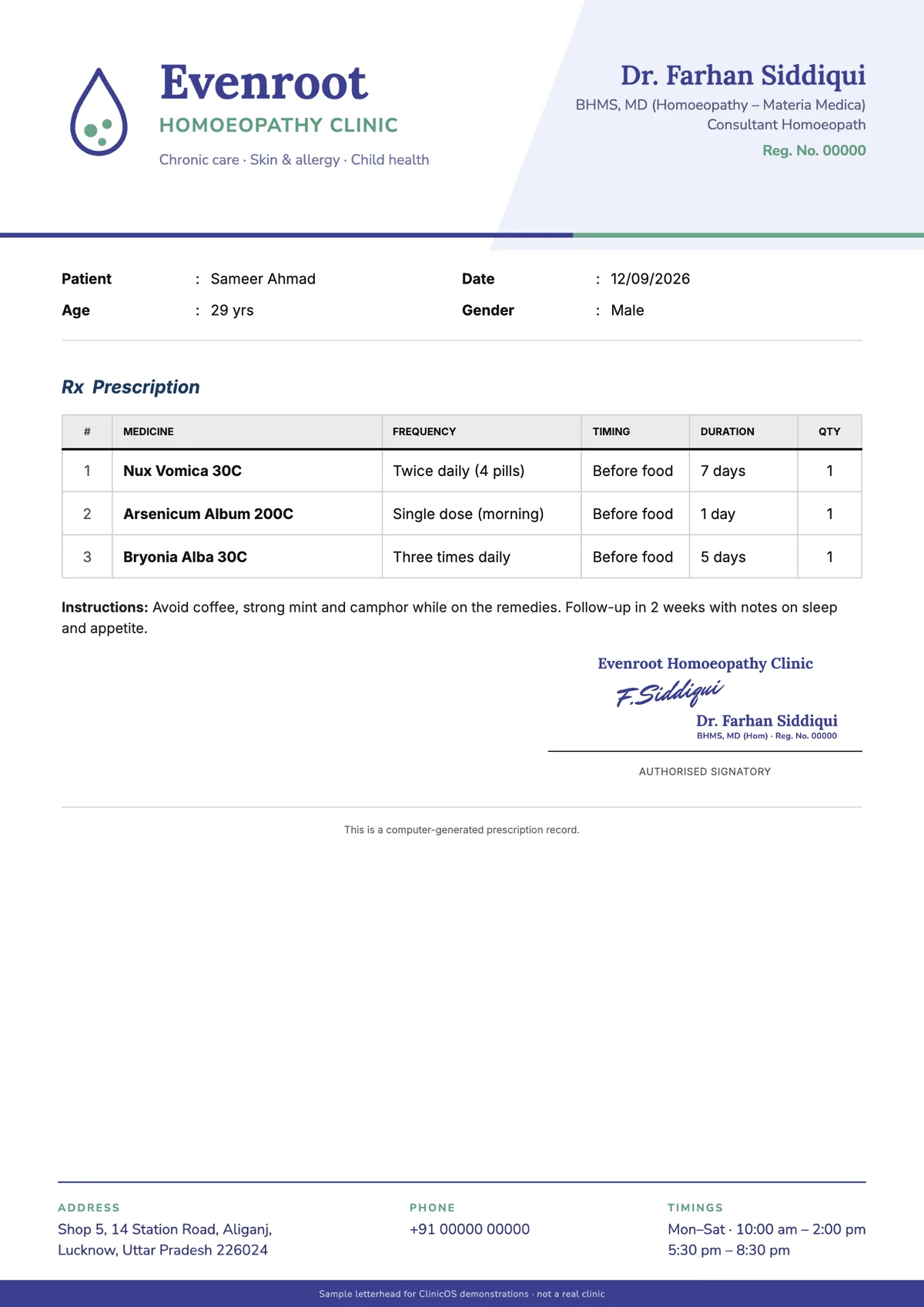 Sample prescription on the Evenroot Homoeopathy Clinic letterhead with remedies, potency and repetition