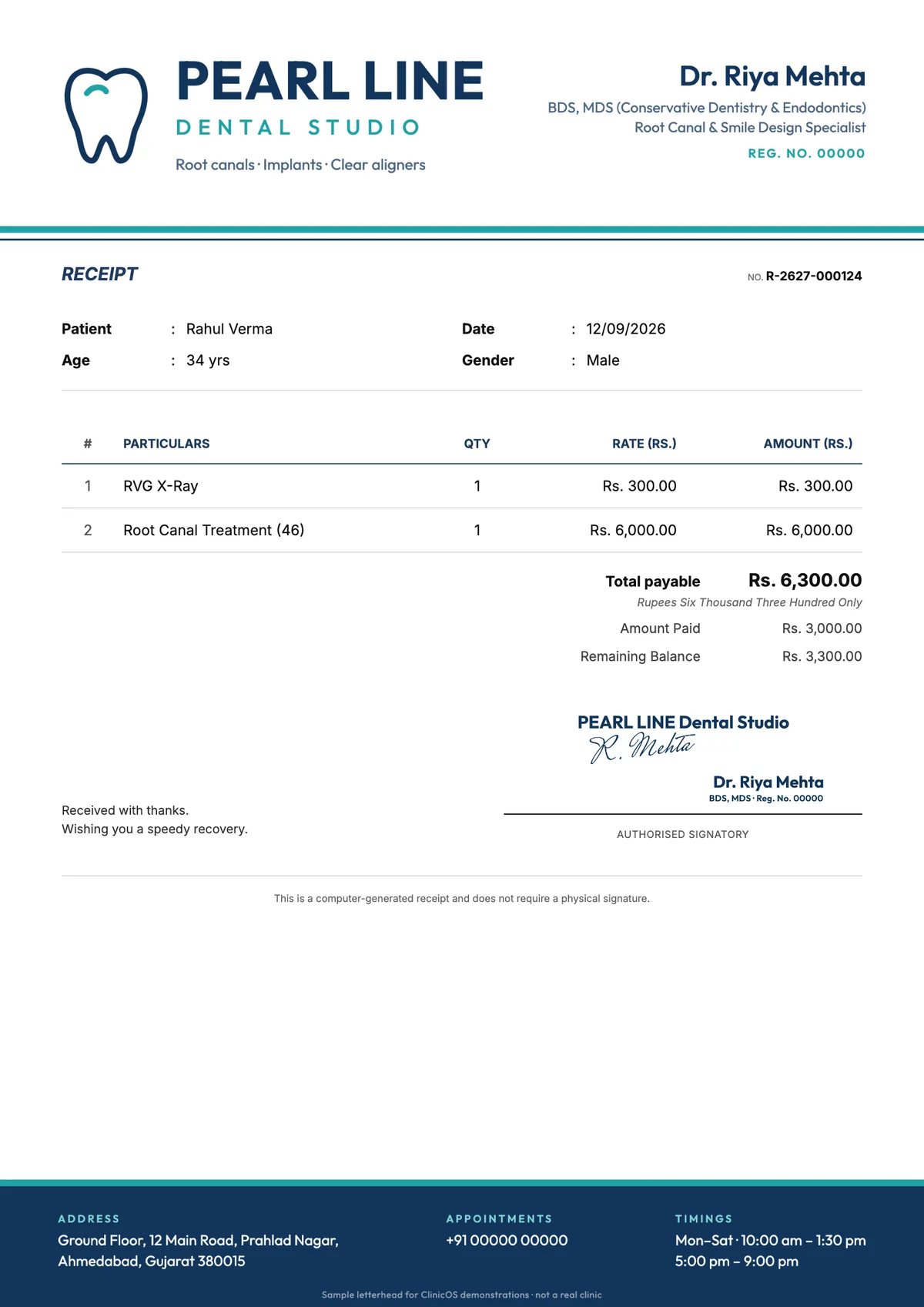 Sample numbered receipt on the Pearl Line Dental Studio letterhead with the amount in words and the balance