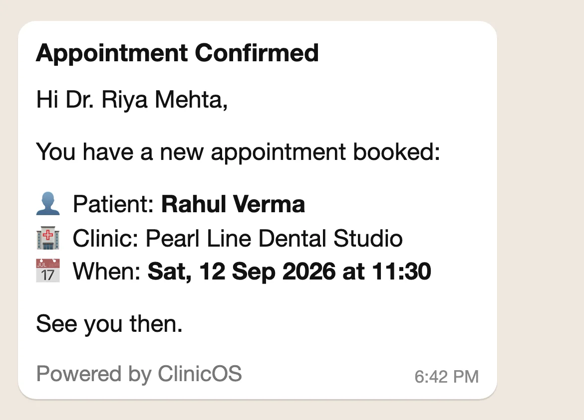 WhatsApp message to the doctor: Appointment Confirmed, with the patient, clinic and time