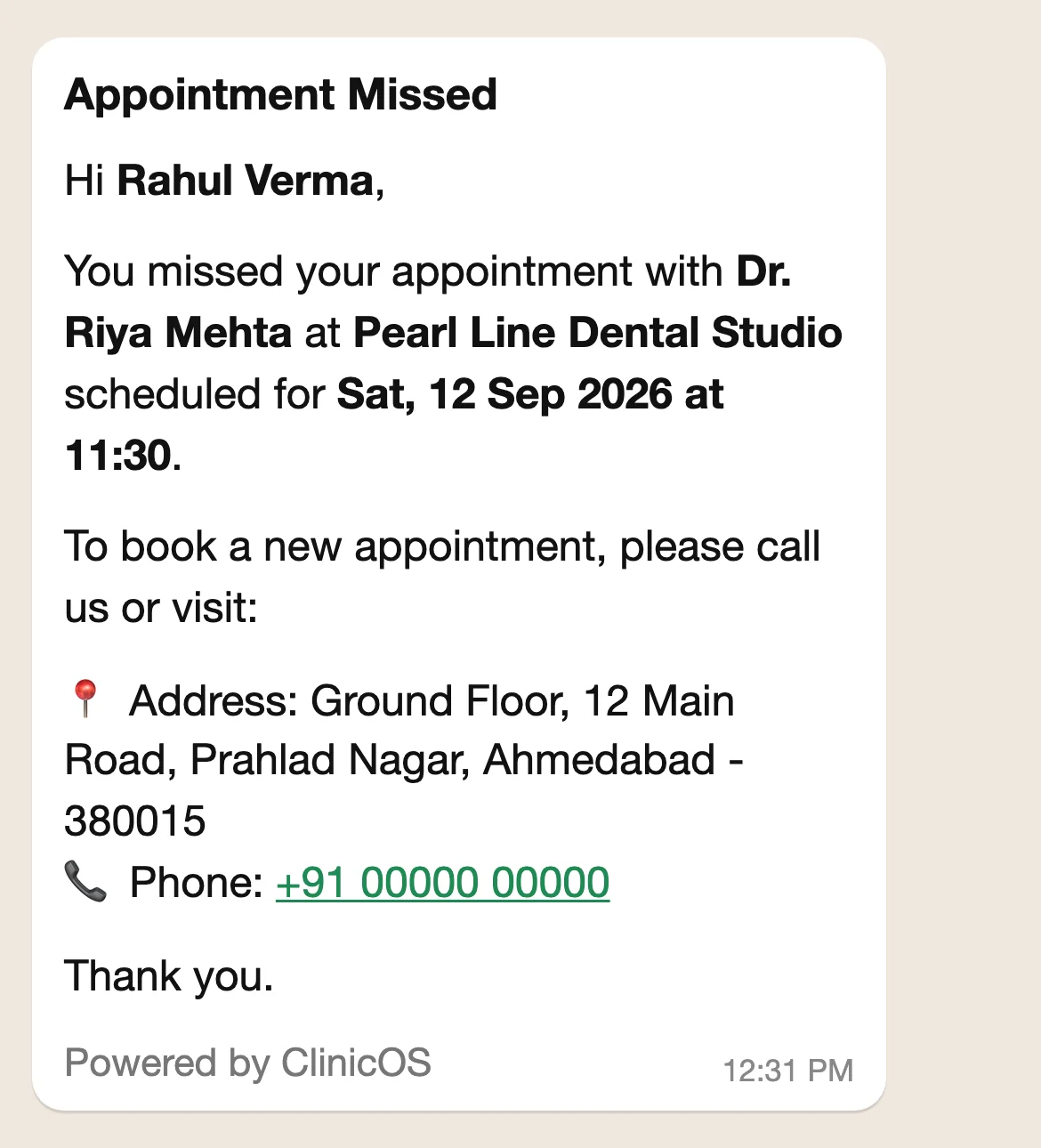 WhatsApp message to the patient: Appointment Missed, with the clinic's address and phone to rebook