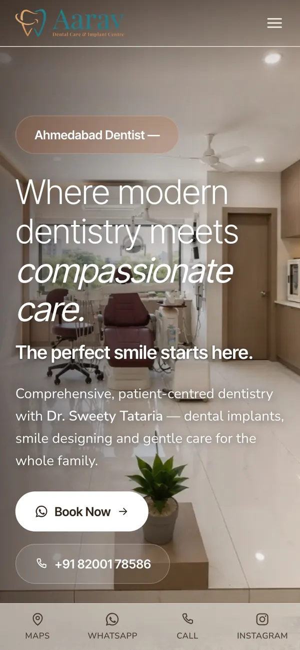 Aarav Dental Care website on a phone