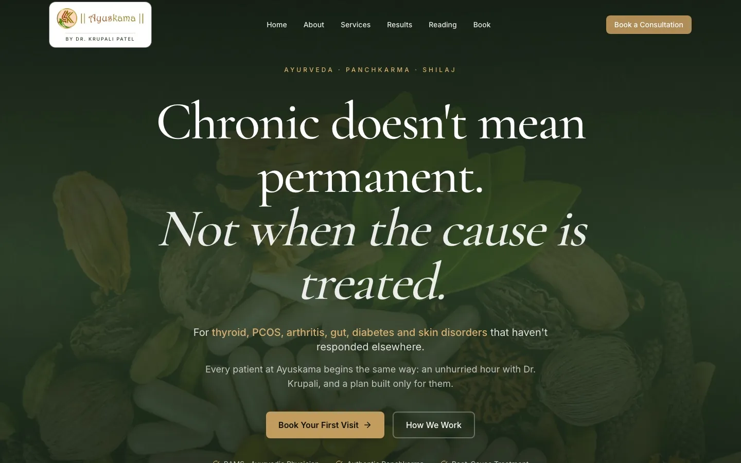 Ayuskama Ayurveda website, home page