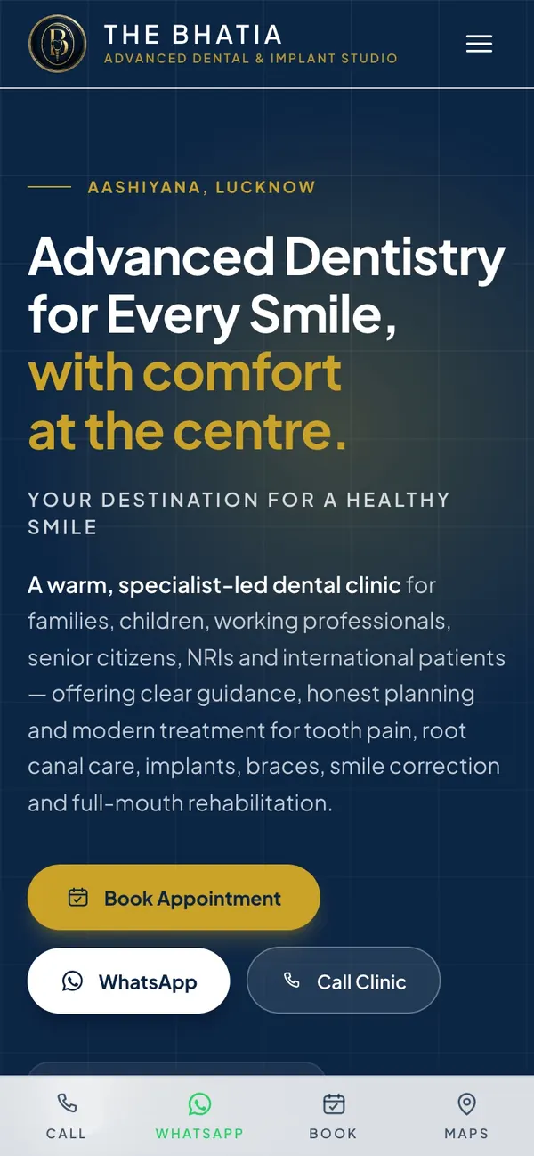 The Bhatia Dental website on a phone