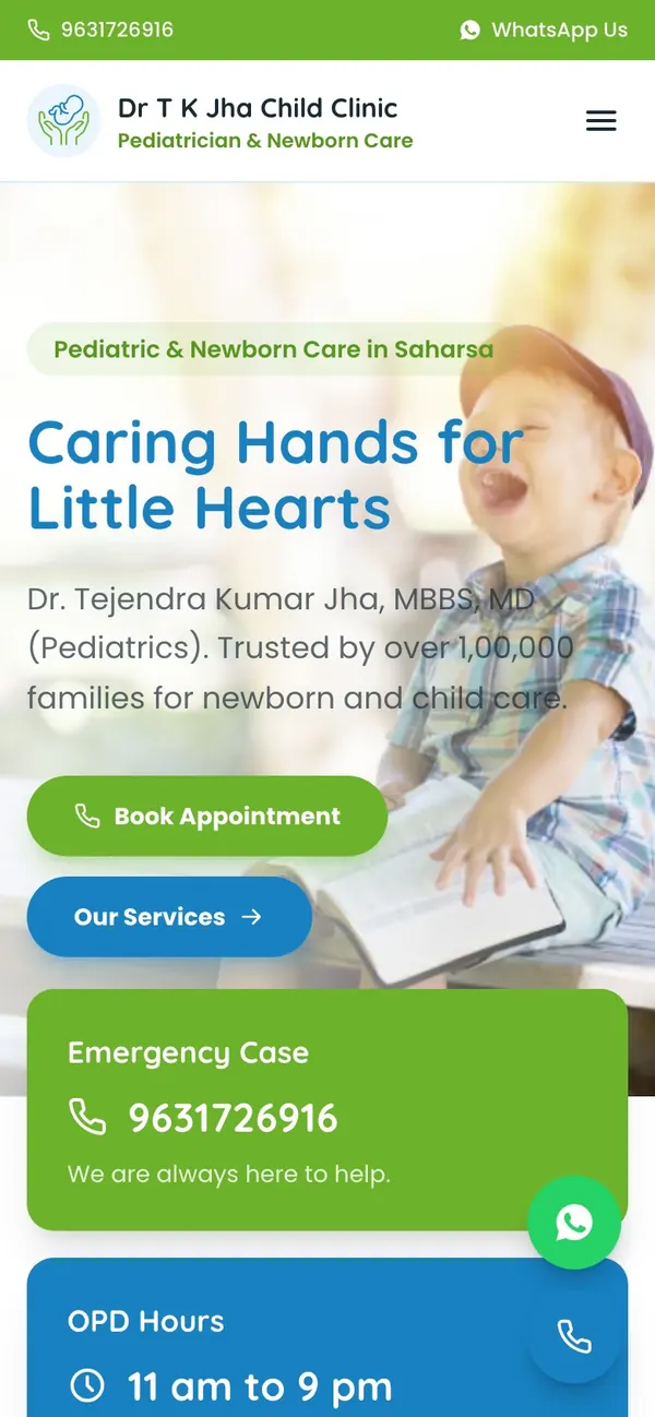 Dr T K Jha Child Clinic website on a phone